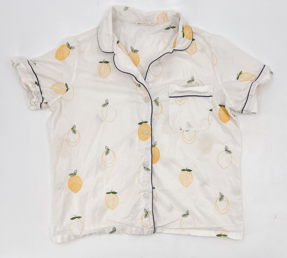 Printfresh Pajama Top Women Extra Small White Short Sleeve Embroidered Lemons